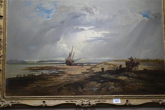 19th century English School Fisherfolk on the shore at low tide 24 x 36in.